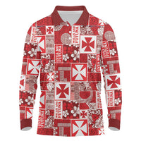 Wallis Et Futuna Kilisimasi Fiefia Long Sleeve Polo Shirt Pacific Patchwork Xmas Vibes LT9 Red - Polynesian Pride