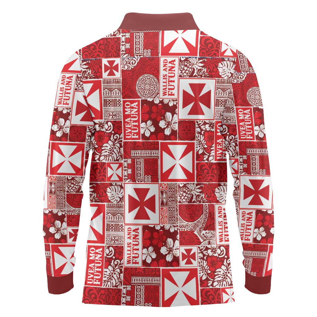 Wallis Et Futuna Kilisimasi Fiefia Long Sleeve Polo Shirt Pacific Patchwork Xmas Vibes LT9 - Polynesian Pride