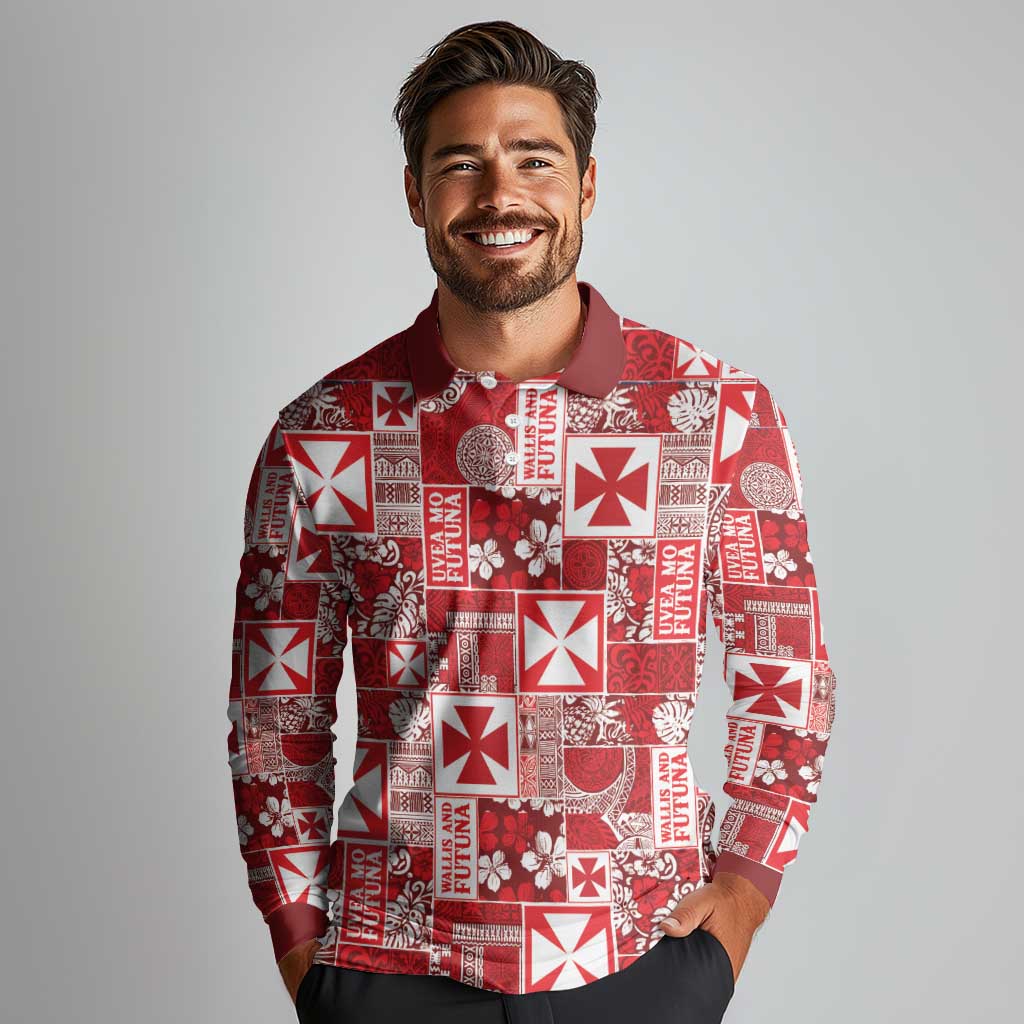 Wallis Et Futuna Kilisimasi Fiefia Long Sleeve Polo Shirt Pacific Patchwork Xmas Vibes LT9 - Polynesian Pride