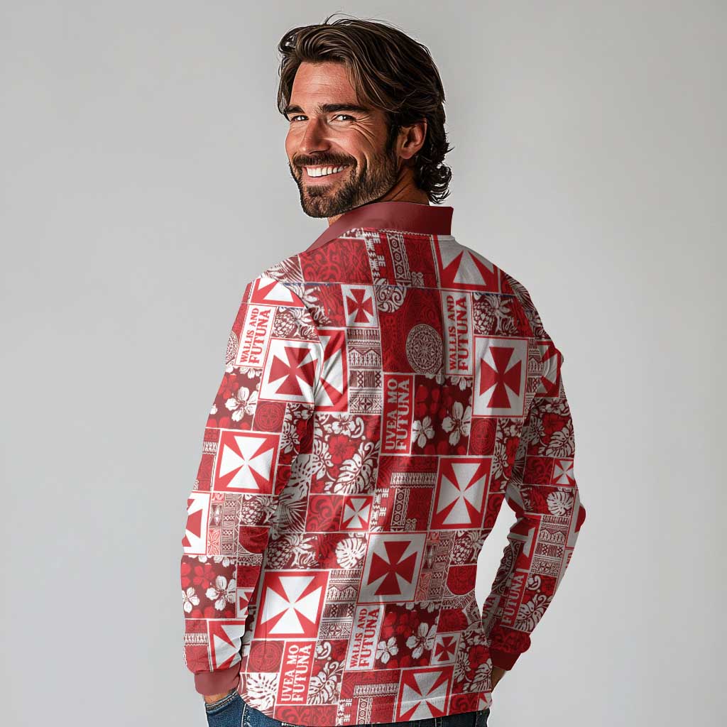 Wallis Et Futuna Kilisimasi Fiefia Long Sleeve Polo Shirt Pacific Patchwork Xmas Vibes LT9 - Polynesian Pride