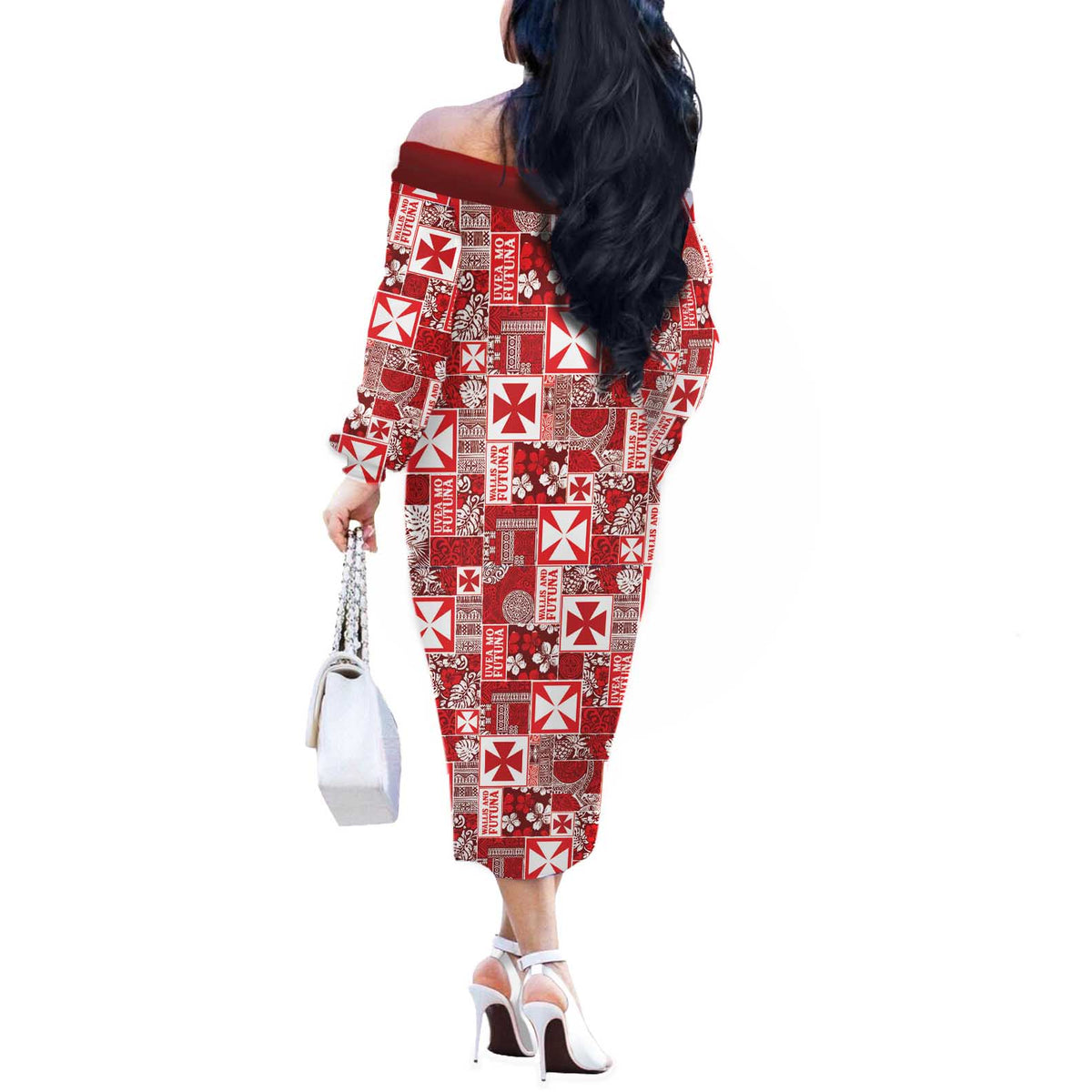 Wallis Et Futuna Kilisimasi Fiefia Off The Shoulder Long Sleeve Dress Pacific Patchwork Xmas Vibes - Polynesian Pride