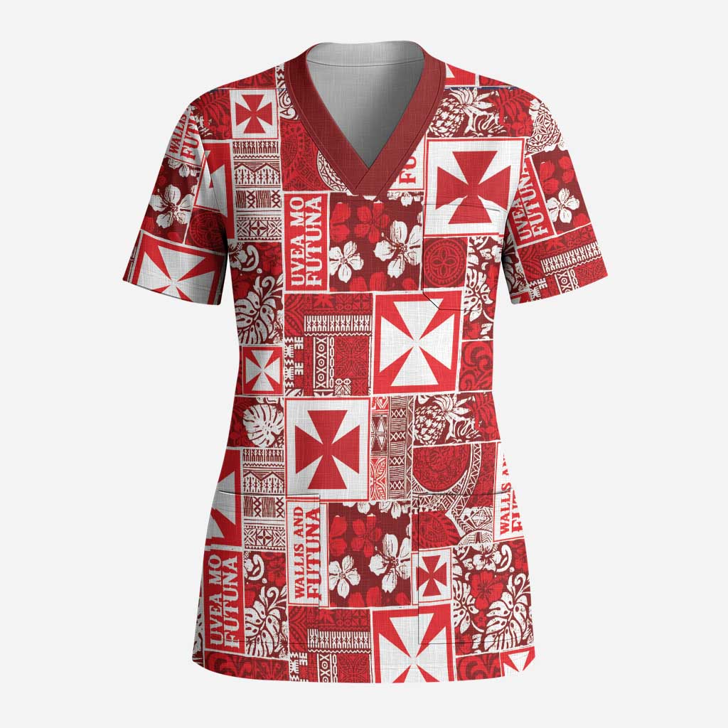 Wallis Et Futuna Kilisimasi Fiefia Scrub Top Pacific Patchwork Xmas Vibes LT9 Adult Red - Polynesian Pride