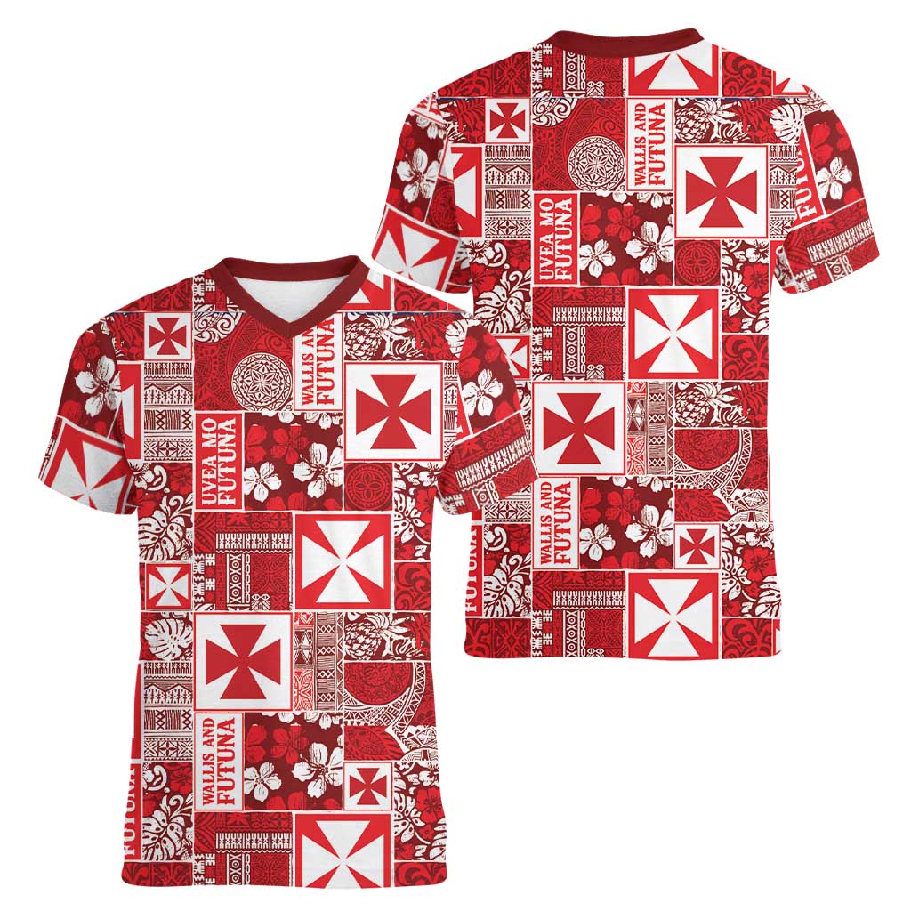 Wallis Et Futuna Kilisimasi Fiefia Women V-Neck T-Shirt Pacific Patchwork Xmas Vibes LT9 - Polynesian Pride