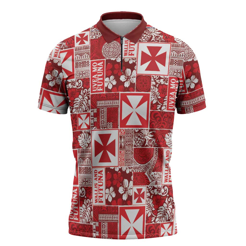 Wallis Et Futuna Kilisimasi Fiefia Zipper Polo Shirt Pacific Patchwork Xmas Vibes LT9 Red - Polynesian Pride