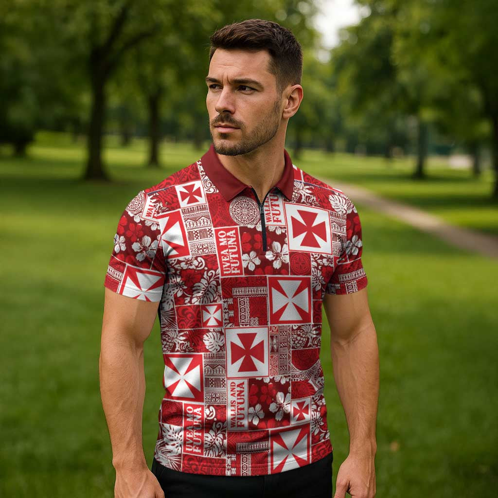 Wallis Et Futuna Kilisimasi Fiefia Zipper Polo Shirt Pacific Patchwork Xmas Vibes LT9 - Polynesian Pride