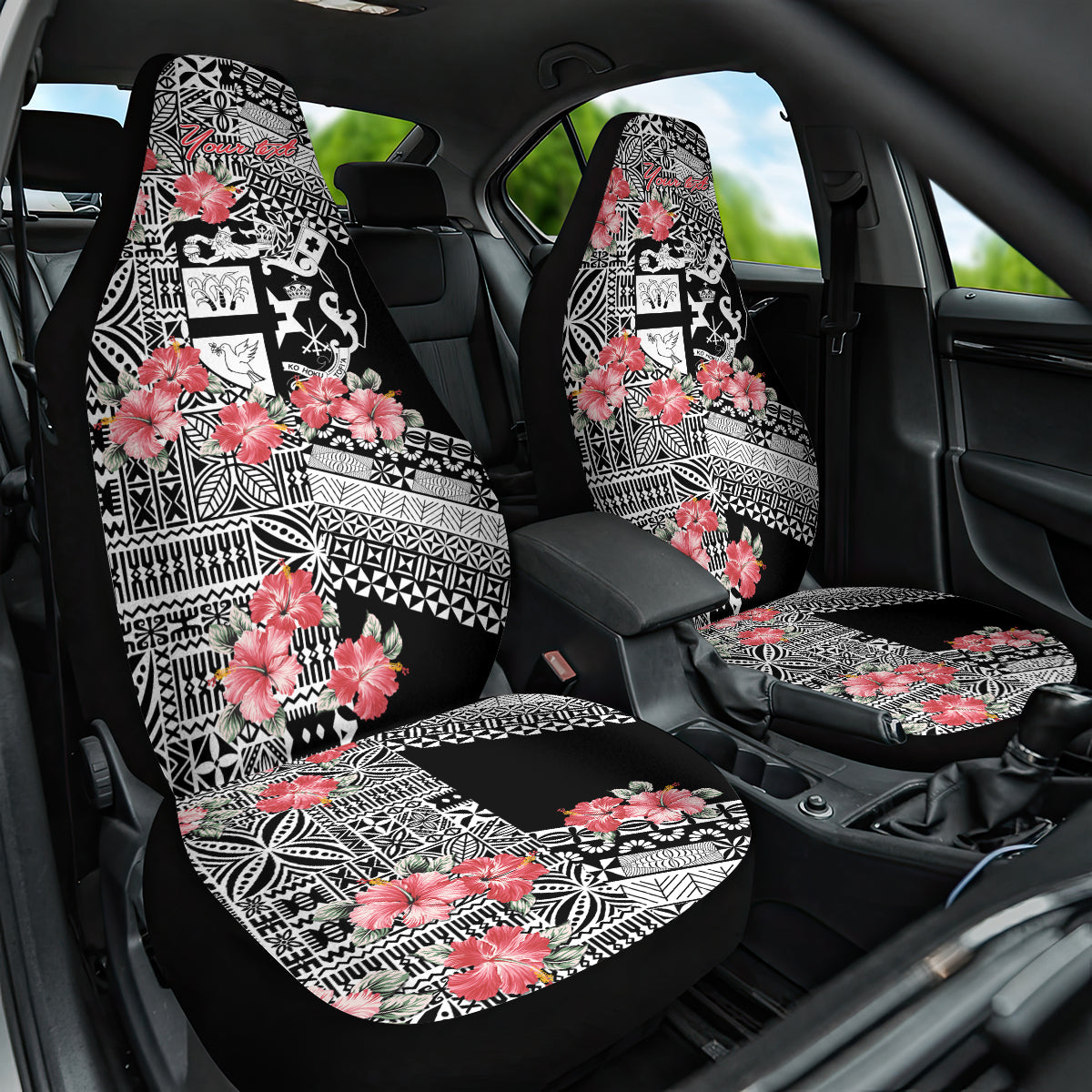 Fiji Tonga Coat of Arm Personalised Car Seat Cover With Masi Tapa and Tongan Ngatu Together LT9 One Size Black - Polynesian Pride