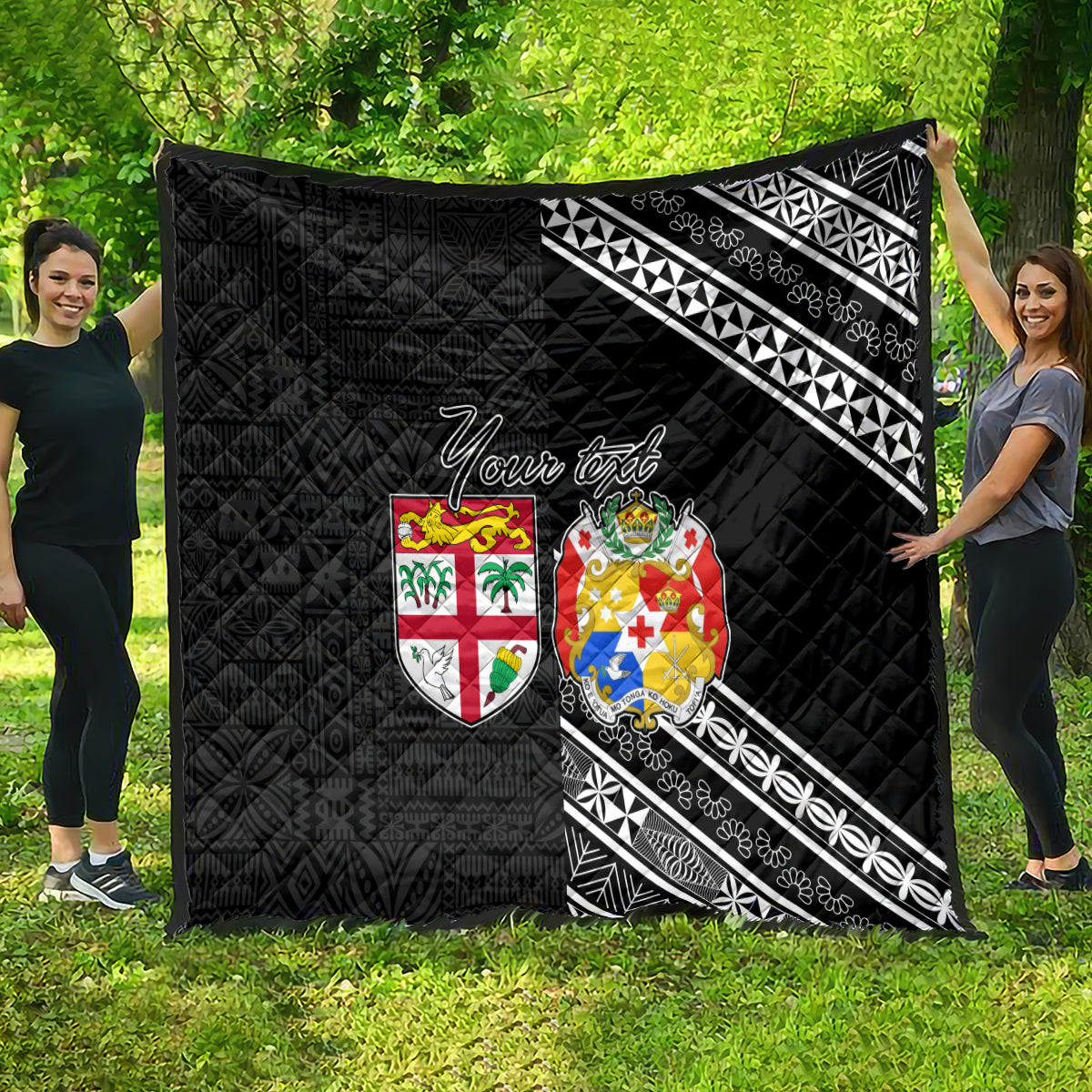 Fiji Tonga Coat of Arm Personalised Quilt With Masi Tapa and Tongan Ngatu Together LT9 - Polynesian Pride