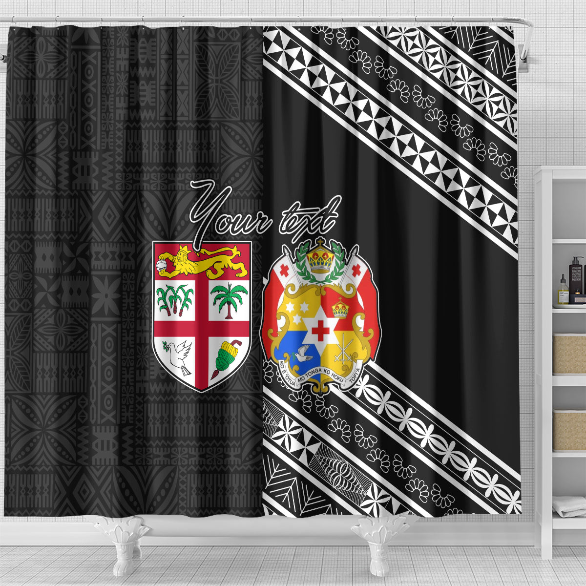 Fiji Tonga Coat of Arm Personalised Shower Curtain With Masi Tapa and Tongan Ngatu Together LT9 - Polynesian Pride