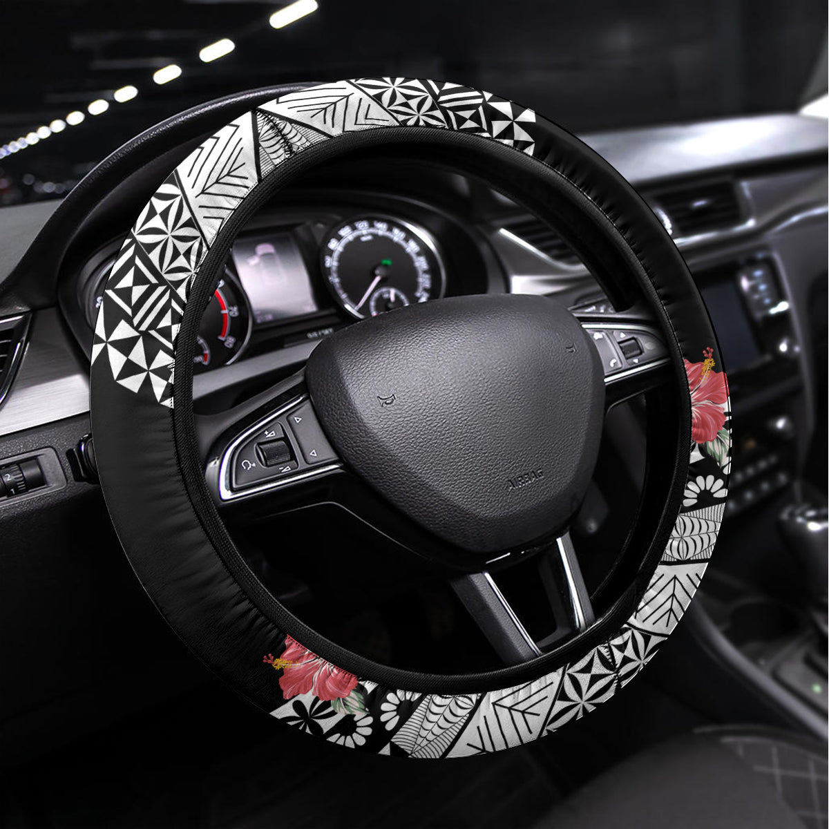 Fiji Tonga Coat of Arm Personalised Steering Wheel Cover With Masi Tapa and Tongan Ngatu Together LT9 Universal Fit Black - Polynesian Pride