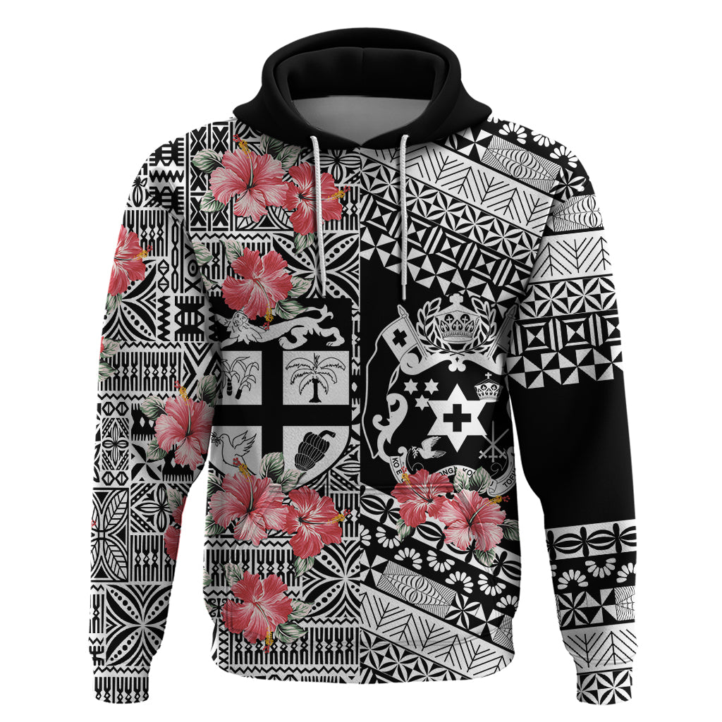 Fiji Tonga Coat of Arm Personalised Zip Hoodie With Masi Tapa and Tongan Ngatu Together LT9 Pullover Hoodie Black - Polynesian Pride