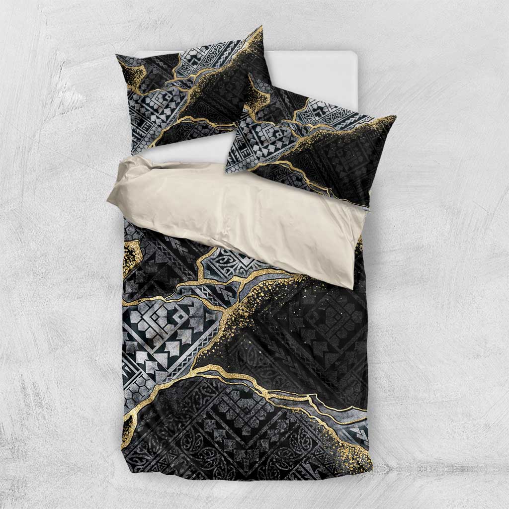 Polynesian Tribal Tattoo Bedding Set Dark Marble Pattern