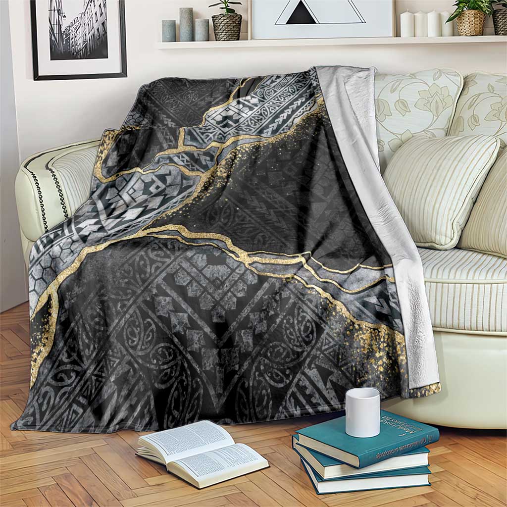 Polynesian Tribal Tattoo Blanket Dark Marble Pattern