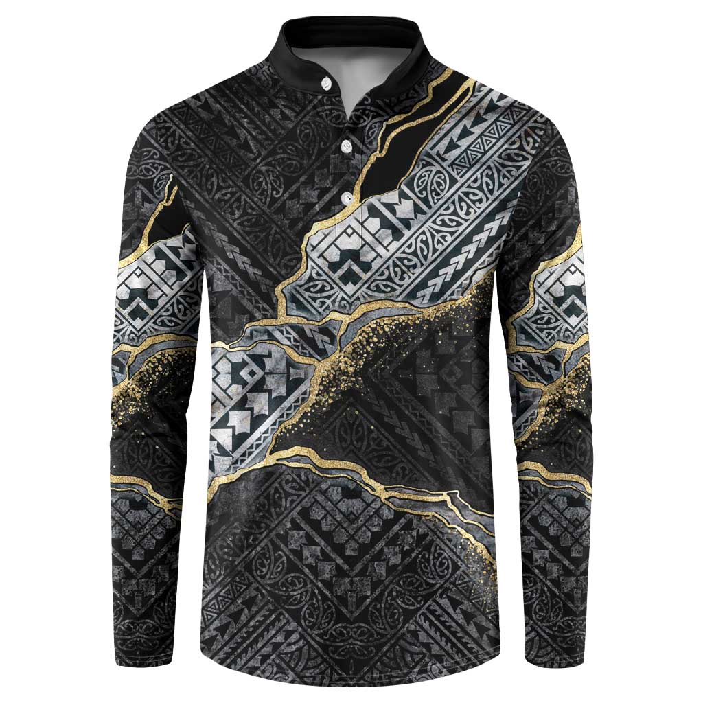 Polynesian Tribal Tattoo Button Sweatshirt Dark Marble Pattern