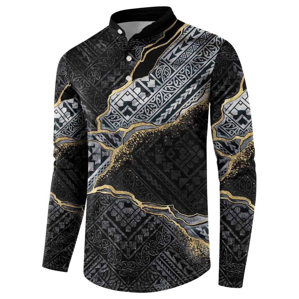 Polynesian Tribal Tattoo Button Sweatshirt Dark Marble Pattern