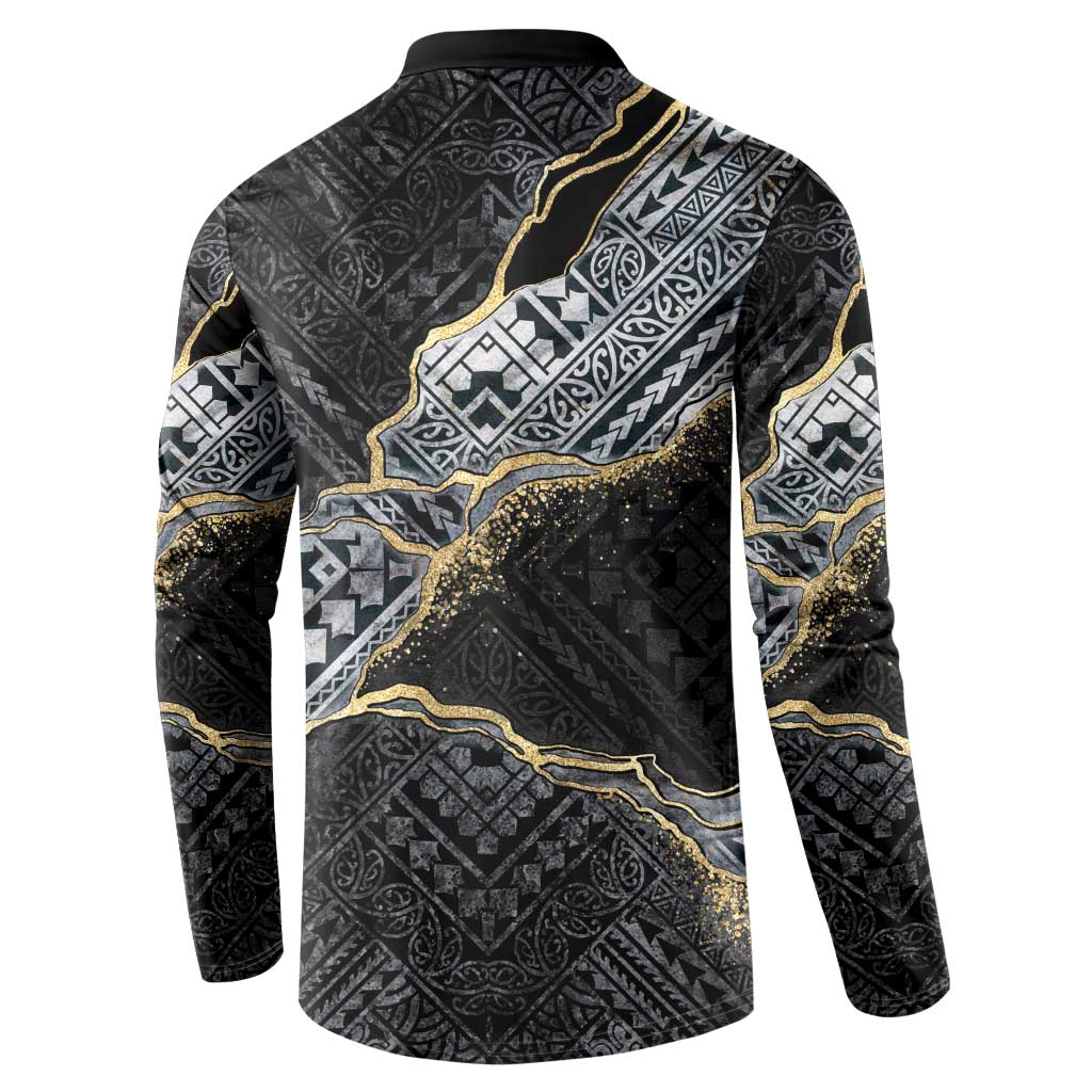 Polynesian Tribal Tattoo Button Sweatshirt Dark Marble Pattern