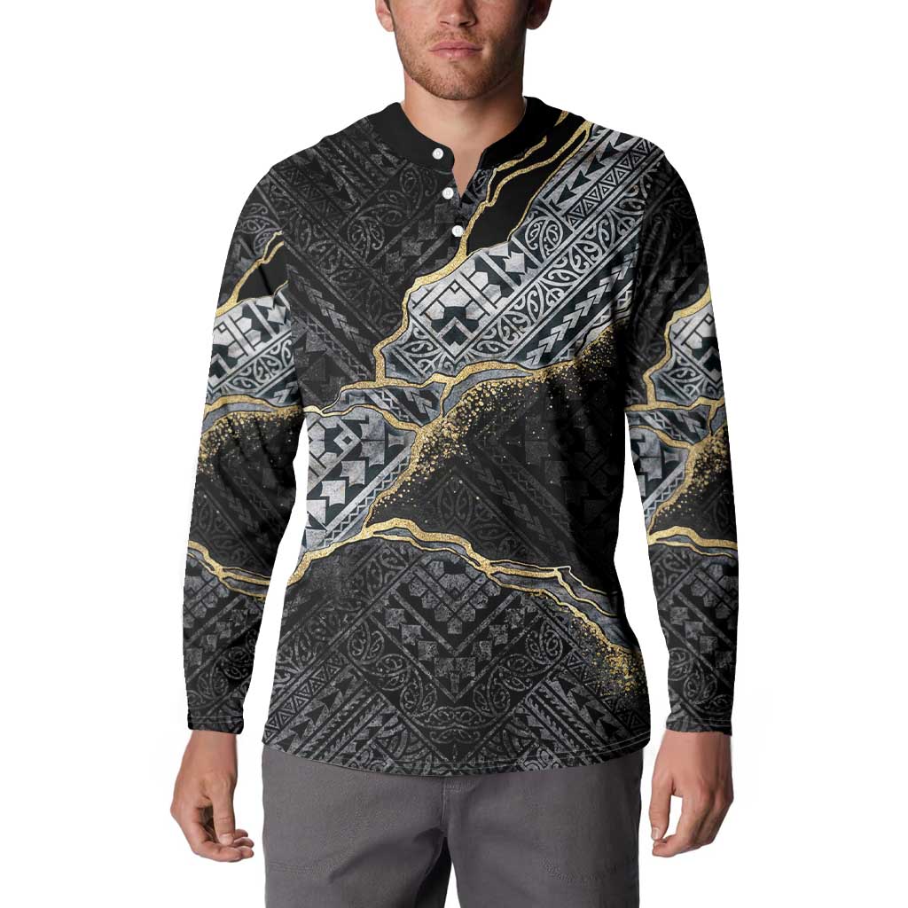 Polynesian Tribal Tattoo Button Sweatshirt Dark Marble Pattern