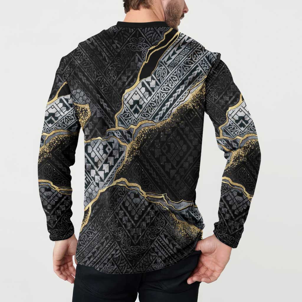 Polynesian Tribal Tattoo Button Sweatshirt Dark Marble Pattern