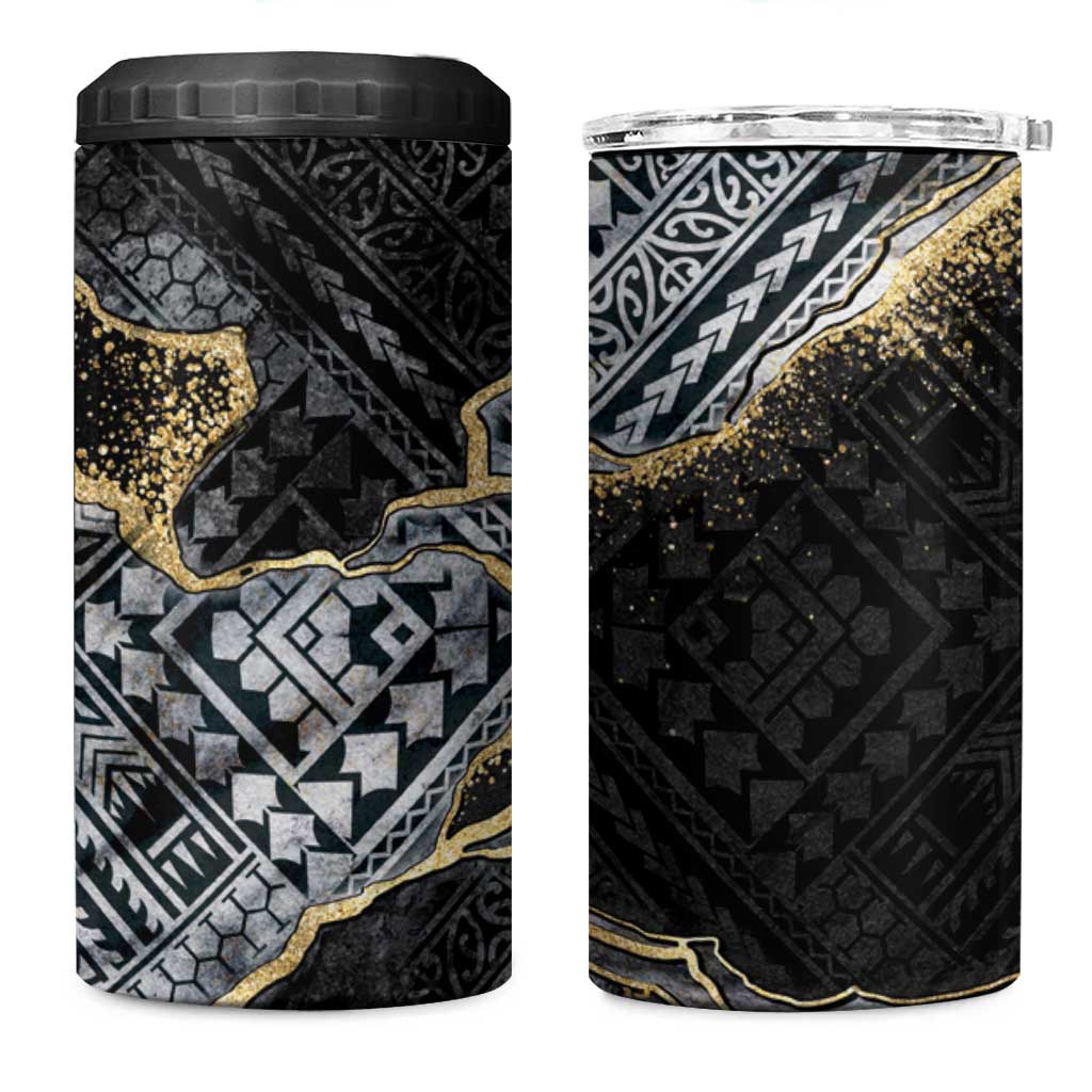 Polynesian Tribal Tattoo 4 in 1 Can Cooler Tumbler Dark Marble Pattern