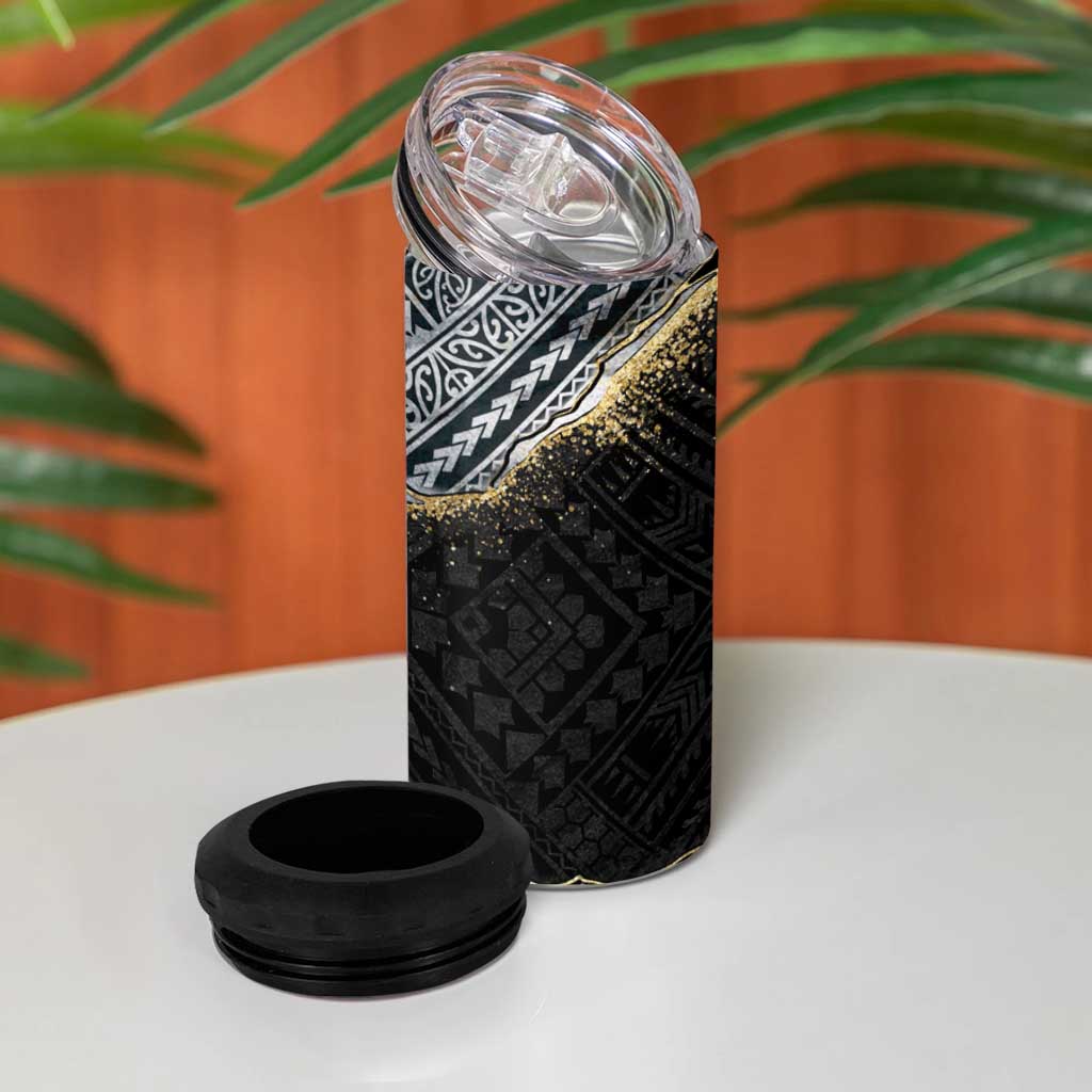 Polynesian Tribal Tattoo 4 in 1 Can Cooler Tumbler Dark Marble Pattern