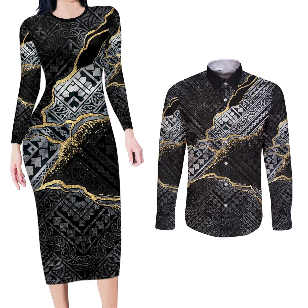 Polynesian Tribal Tattoo Couples Matching Long Sleeve Bodycon Dress and Long Sleeve Button Shirt Dark Marble Pattern