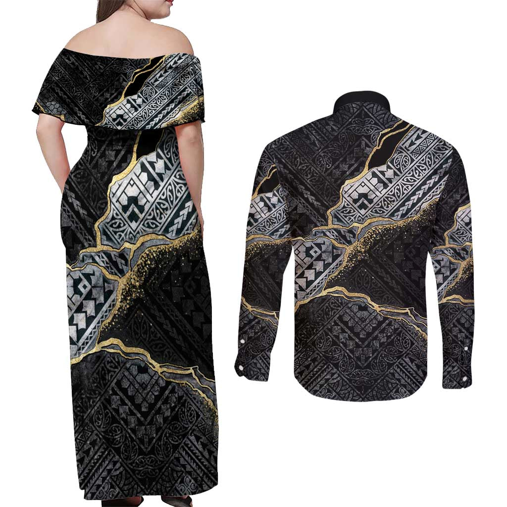 Polynesian Tribal Tattoo Couples Matching Off Shoulder Maxi Dress and Long Sleeve Button Shirt Dark Marble Pattern