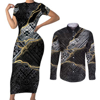 Polynesian Tribal Tattoo Couples Matching Short Sleeve Bodycon Dress and Long Sleeve Button Shirt Dark Marble Pattern