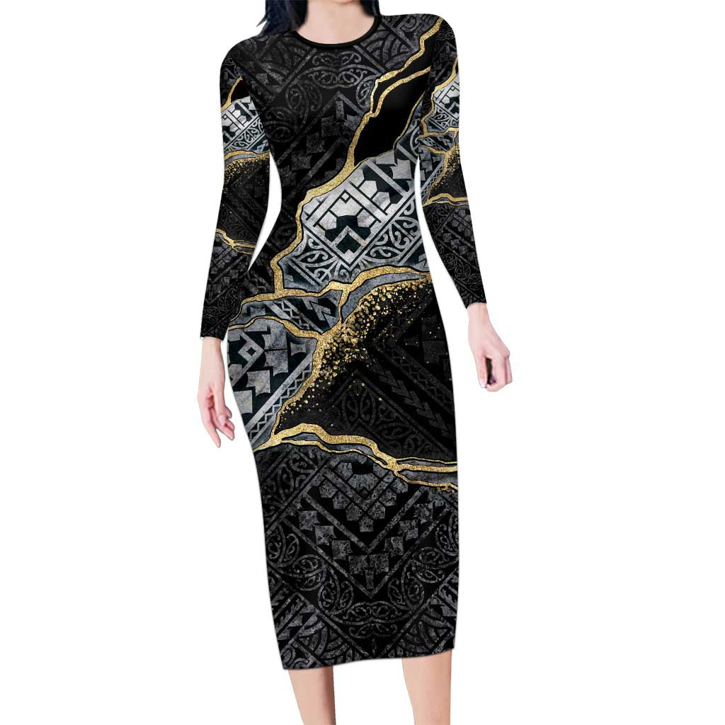 Polynesian Tribal Tattoo Family Matching Long Sleeve Bodycon Dress and Hawaiian Shirt Dark Marble Pattern LT9 Mom's Dress Black - Polynesian Pride