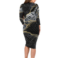 Polynesian Tribal Tattoo Family Matching Long Sleeve Bodycon Dress and Hawaiian Shirt Dark Marble Pattern LT9 - Polynesian Pride