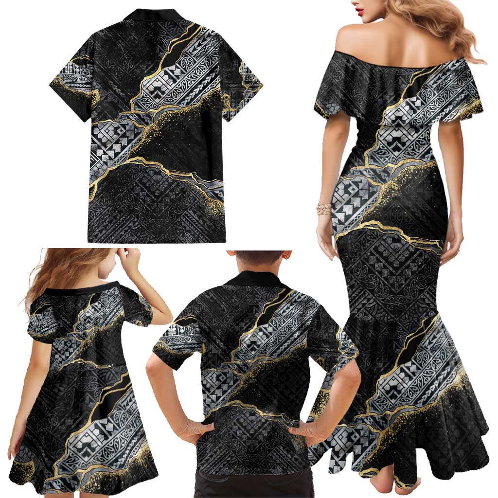 Polynesian Tribal Tattoo Family Matching Mermaid Dress and Hawaiian Shirt Dark Marble Pattern LT9 - Polynesian Pride
