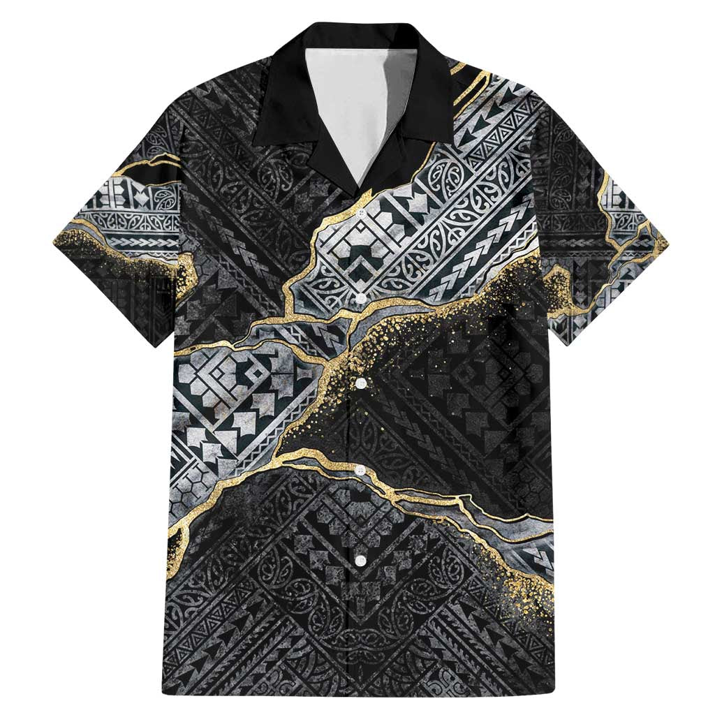 Polynesian Tribal Tattoo Family Matching Mermaid Dress and Hawaiian Shirt Dark Marble Pattern LT9 Dad's Shirt - Short Sleeve Black - Polynesian Pride