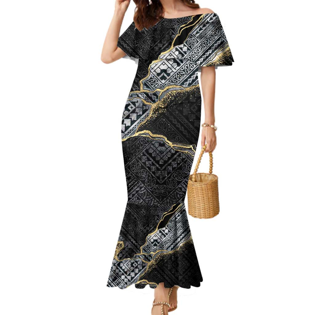 Polynesian Tribal Tattoo Family Matching Mermaid Dress and Hawaiian Shirt Dark Marble Pattern LT9 Mom's Dress Black - Polynesian Pride