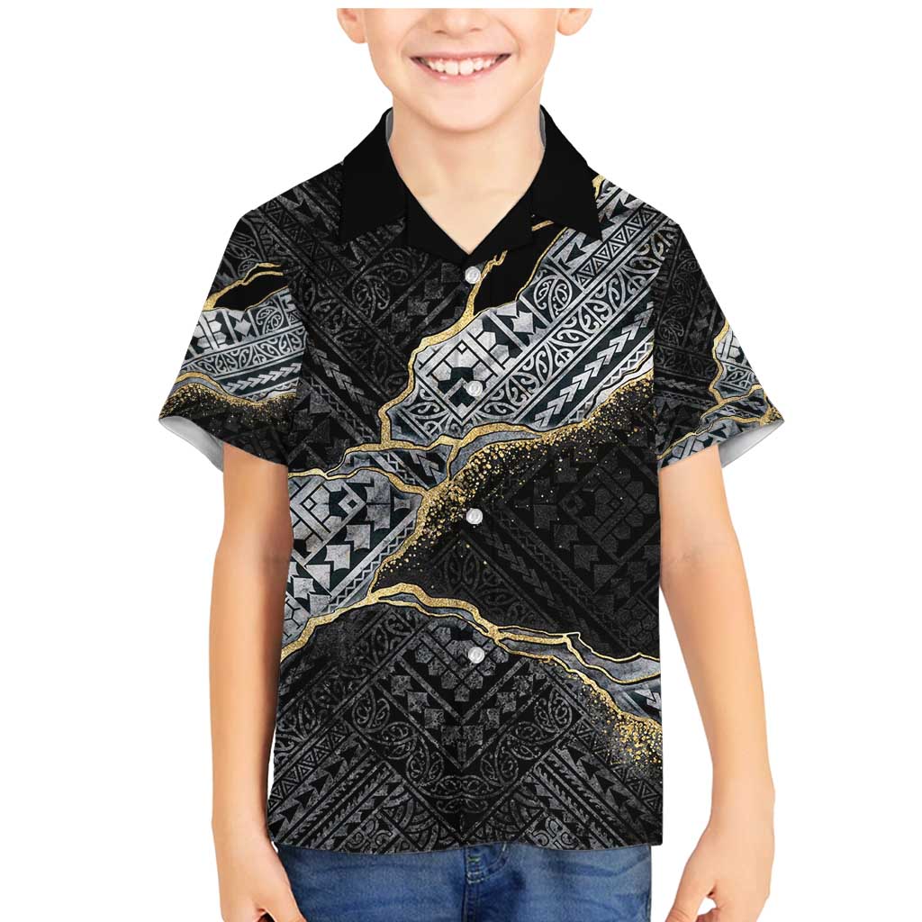 Polynesian Tribal Tattoo Family Matching Mermaid Dress and Hawaiian Shirt Dark Marble Pattern LT9 Son's Shirt Black - Polynesian Pride