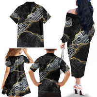 Polynesian Tribal Tattoo Family Matching Off The Shoulder Long Sleeve Dress and Hawaiian Shirt Dark Marble Pattern