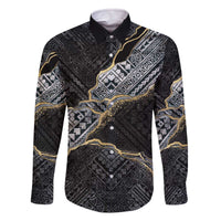 Polynesian Tribal Tattoo Family Matching Off The Shoulder Long Sleeve Dress and Hawaiian Shirt Dark Marble Pattern
