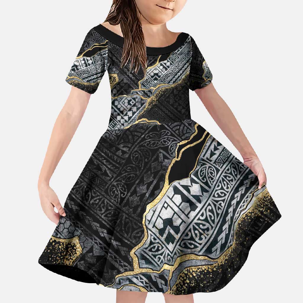 Polynesian Tribal Tattoo Family Matching Off Shoulder Maxi Dress and Hawaiian Shirt Dark Marble Pattern LT9 Daughter's Dress Black - Polynesian Pride
