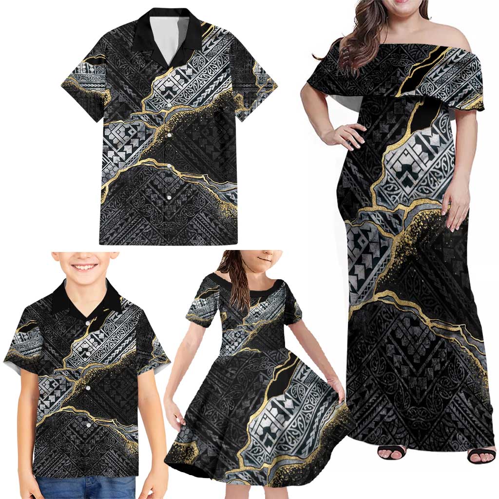 Polynesian Tribal Tattoo Family Matching Off Shoulder Maxi Dress and Hawaiian Shirt Dark Marble Pattern LT9 - Polynesian Pride