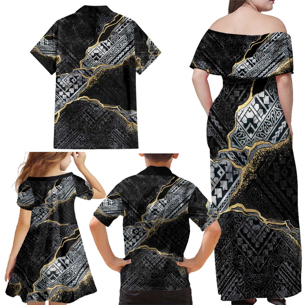 Polynesian Tribal Tattoo Family Matching Off Shoulder Maxi Dress and Hawaiian Shirt Dark Marble Pattern LT9 - Polynesian Pride
