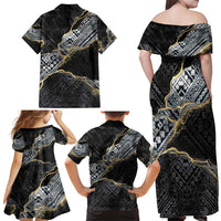Polynesian Tribal Tattoo Family Matching Off Shoulder Maxi Dress and Hawaiian Shirt Dark Marble Pattern LT9 - Polynesian Pride