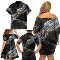Polynesian Tribal Tattoo Family Matching Off Shoulder Short Dress and Hawaiian Shirt Dark Marble Pattern LT9 - Polynesian Pride