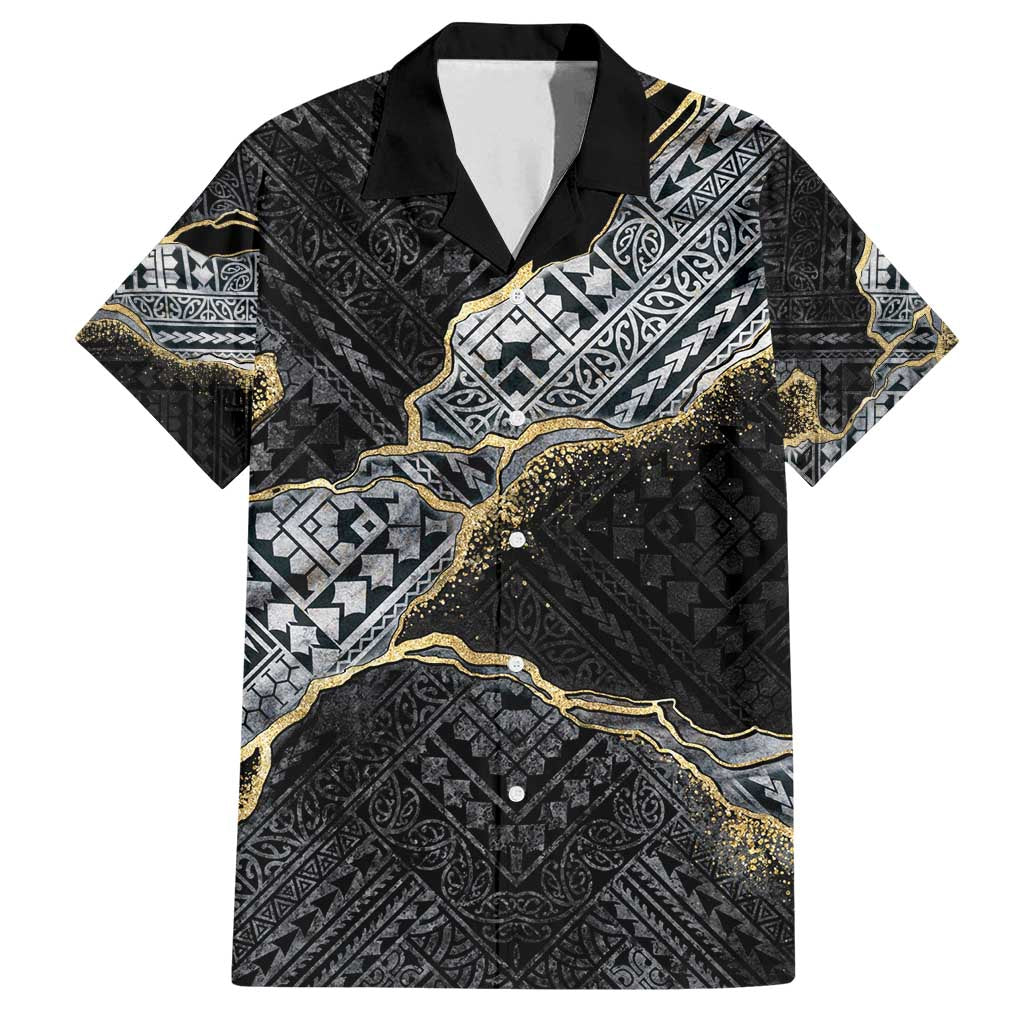 Polynesian Tribal Tattoo Family Matching Off Shoulder Short Dress and Hawaiian Shirt Dark Marble Pattern LT9 Dad's Shirt - Short Sleeve Black - Polynesian Pride