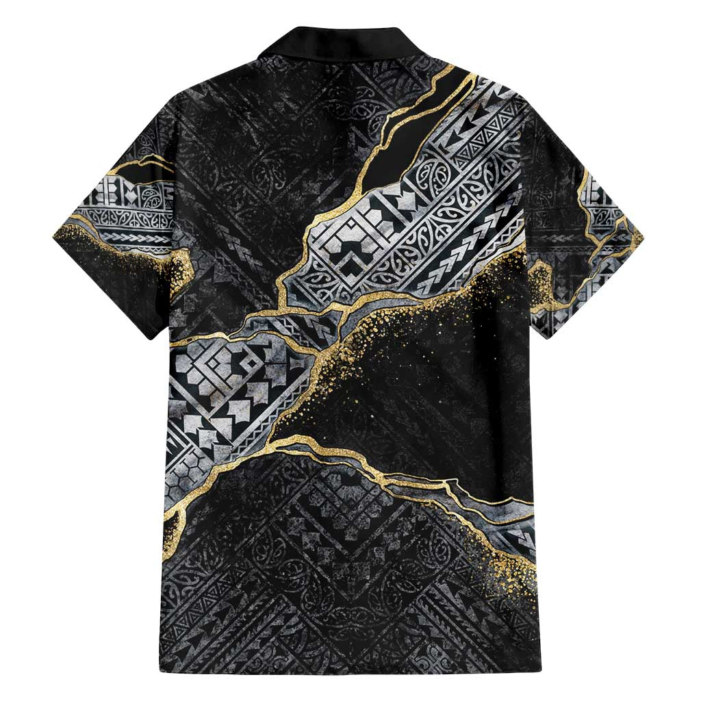 Polynesian Tribal Tattoo Family Matching Off Shoulder Short Dress and Hawaiian Shirt Dark Marble Pattern LT9 - Polynesian Pride