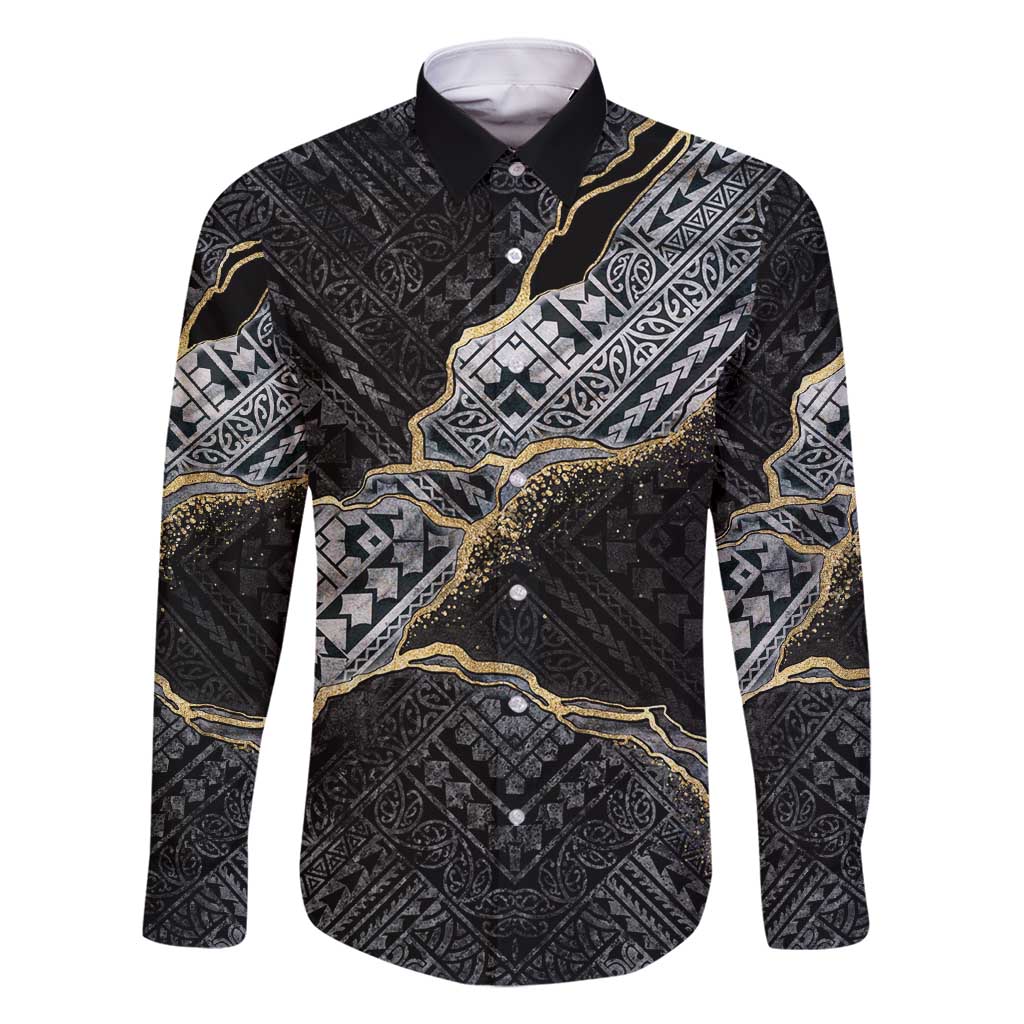 Polynesian Tribal Tattoo Family Matching Off Shoulder Short Dress and Hawaiian Shirt Dark Marble Pattern LT9 Dad's Shirt - Long Sleeve Black - Polynesian Pride