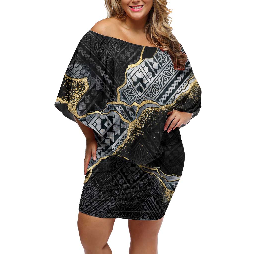 Polynesian Tribal Tattoo Family Matching Off Shoulder Short Dress and Hawaiian Shirt Dark Marble Pattern LT9 Mom's Dress Black - Polynesian Pride