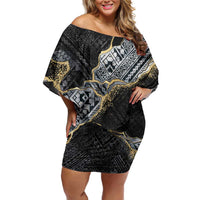 Polynesian Tribal Tattoo Family Matching Off Shoulder Short Dress and Hawaiian Shirt Dark Marble Pattern LT9 Mom's Dress Black - Polynesian Pride