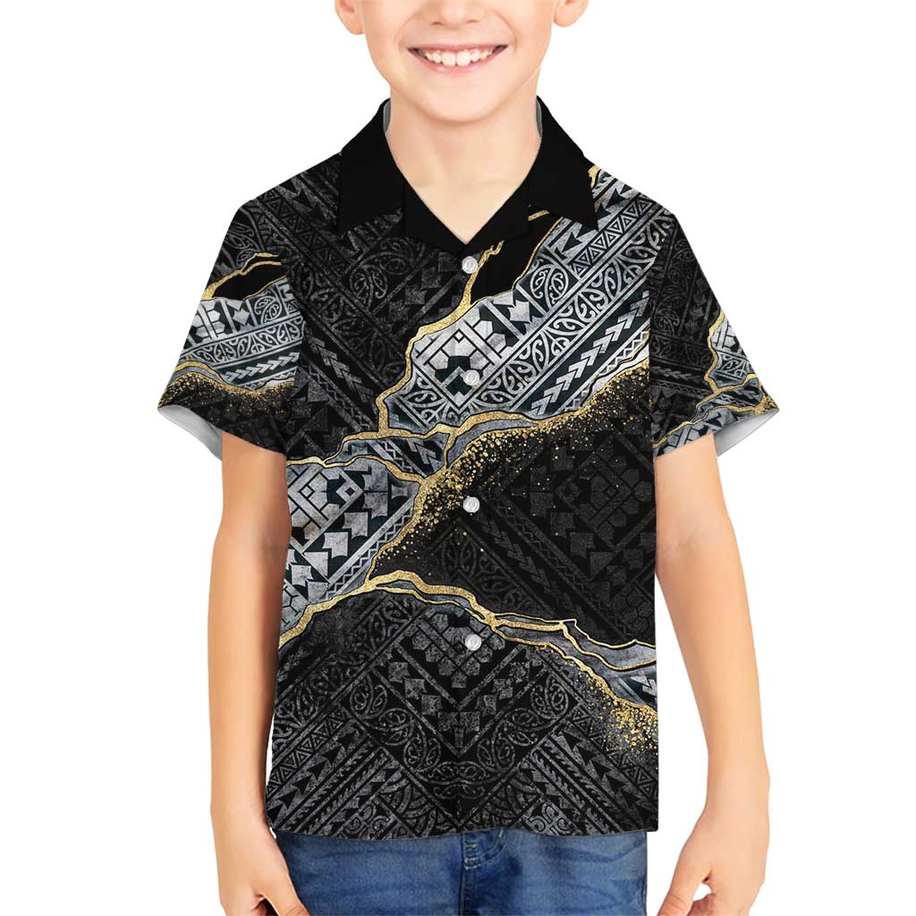 Polynesian Tribal Tattoo Family Matching Off Shoulder Short Dress and Hawaiian Shirt Dark Marble Pattern LT9 Son's Shirt Black - Polynesian Pride