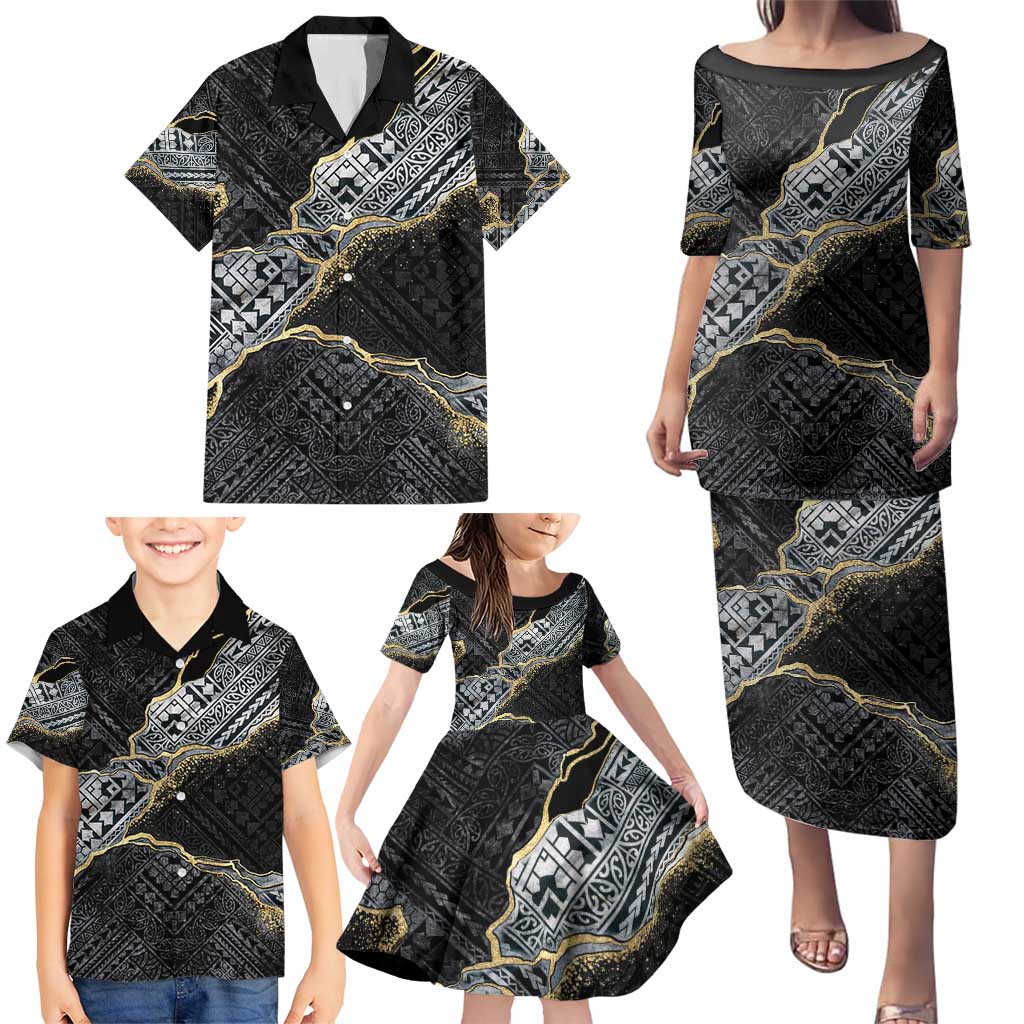 Polynesian Tribal Tattoo Family Matching Puletasi and Hawaiian Shirt Dark Marble Pattern LT9 - Polynesian Pride