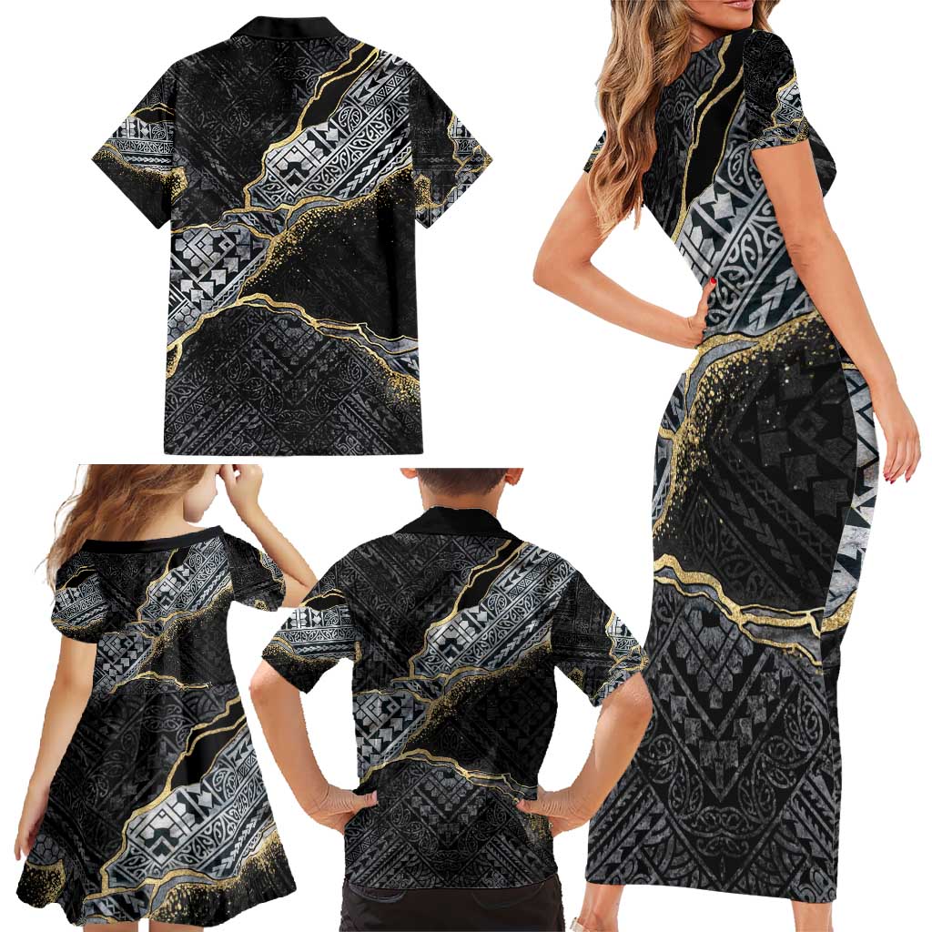 Polynesian Tribal Tattoo Family Matching Short Sleeve Bodycon Dress and Hawaiian Shirt Dark Marble Pattern LT9 - Polynesian Pride