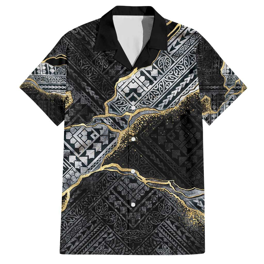 Polynesian Tribal Tattoo Family Matching Short Sleeve Bodycon Dress and Hawaiian Shirt Dark Marble Pattern LT9 Dad's Shirt - Short Sleeve Black - Polynesian Pride