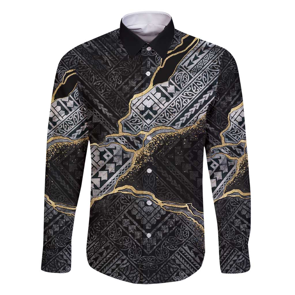 Polynesian Tribal Tattoo Family Matching Short Sleeve Bodycon Dress and Hawaiian Shirt Dark Marble Pattern LT9 Dad's Shirt - Long Sleeve Black - Polynesian Pride