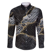 Polynesian Tribal Tattoo Family Matching Short Sleeve Bodycon Dress and Hawaiian Shirt Dark Marble Pattern LT9 Dad's Shirt - Long Sleeve Black - Polynesian Pride